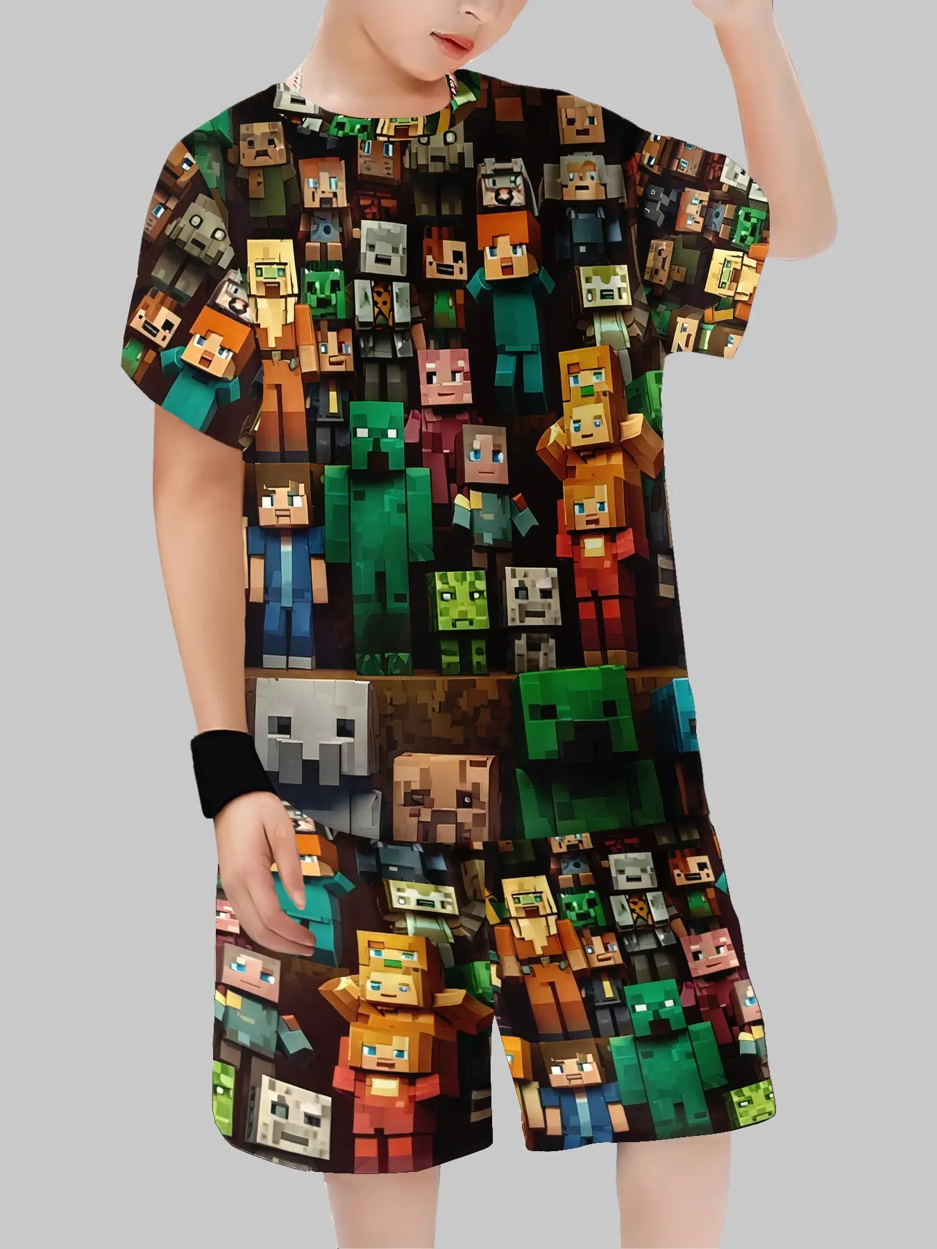 Unisex Pixelated Two-Piece Set, Short Sleeve T-Shirt & Matching Shorts, Cartoon Pattern, Casual Loose-Fit Suit for All Seasons