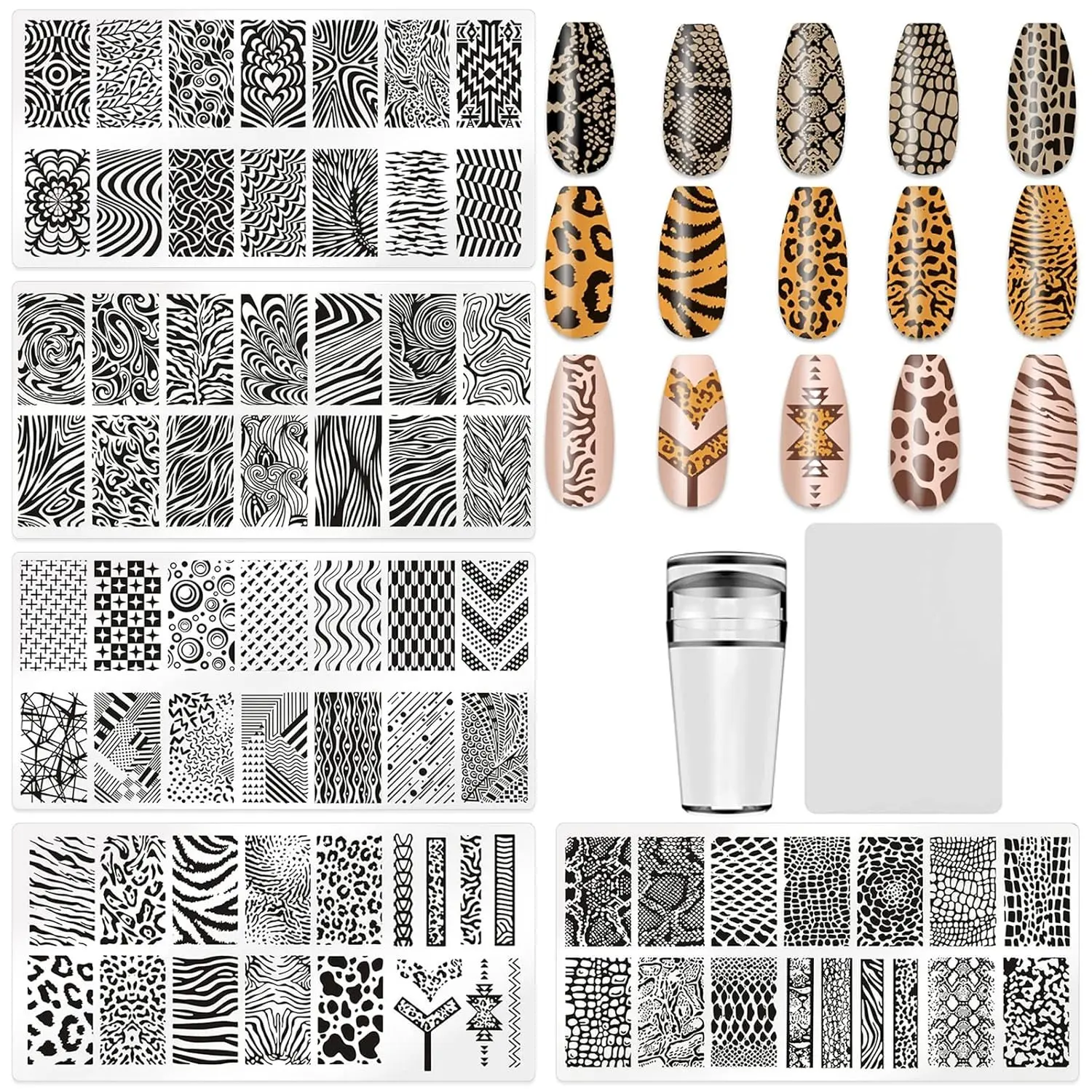 5Pcs Nail Stamping Plates Leopard Print Nail Stamps Nail Art Stamping Plates Nail Stencils Nail Plate Template Nail Art Stamping Kit Nails Accessories with 1 Nail Stamper, 1 Scraper