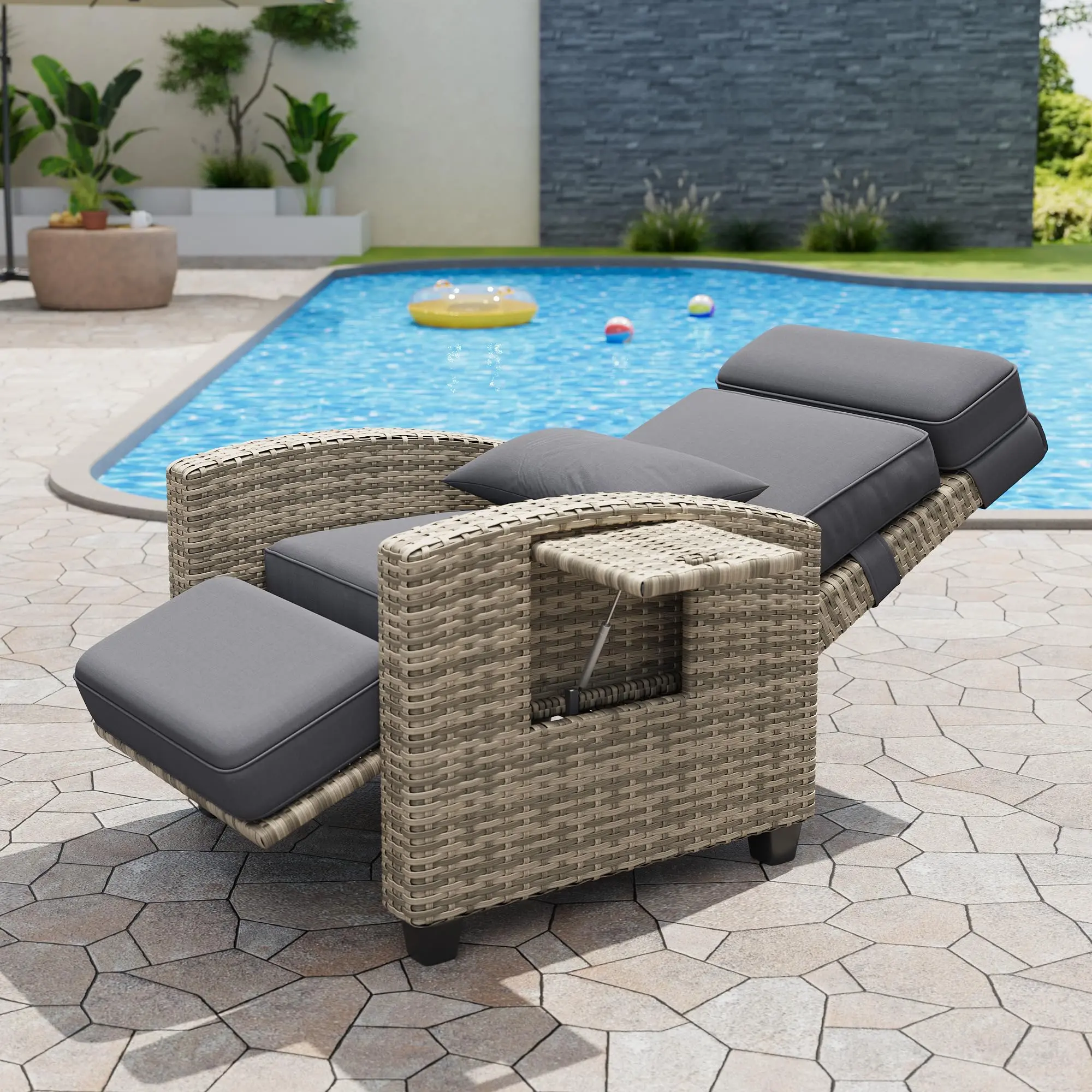 GARVEE Single Seat Outdoor Wicker Recliner Chair with Wicker Frame, 145° Adjustable Back, Adjustable Footrest, Removable Cushion, Flip-Up Table for Patio, Poolside, Gray