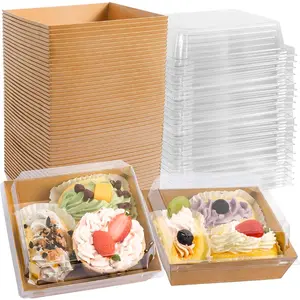 50 Pack Charcuterie Boxes with Clear Lids, Square Paper Charcuterie Box, Disposable Food Containers Bakery Boxes, 4 Inch Oil-Proof Dessert Boxes for Sandwich, Sushi, Cake Slices, Strawberries, Swiss Roll (Brown)
