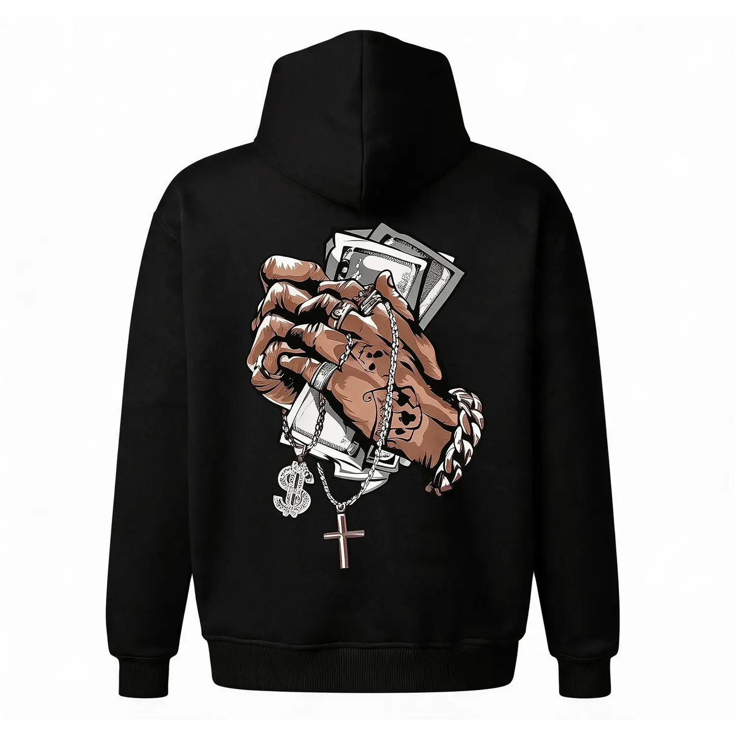 Hip-Hop Cash Graphic Hoodie |   Streetwear Money Back Print Sweatshirt |   Cuban Chain & Cross Pullover |   Oversized Unisex Fleece Top |   Edgy Urban Rap Aesthetic Hoodie for Men & Women