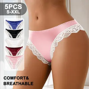 QUASTI Women's 5PCS Mid Waisted Lace Color Blocking Panties, Smooth Seamless Minimalist No Show Full Coverage Briefs, Elasticity Basic Fit Elegant Daily Wear, S-XXL