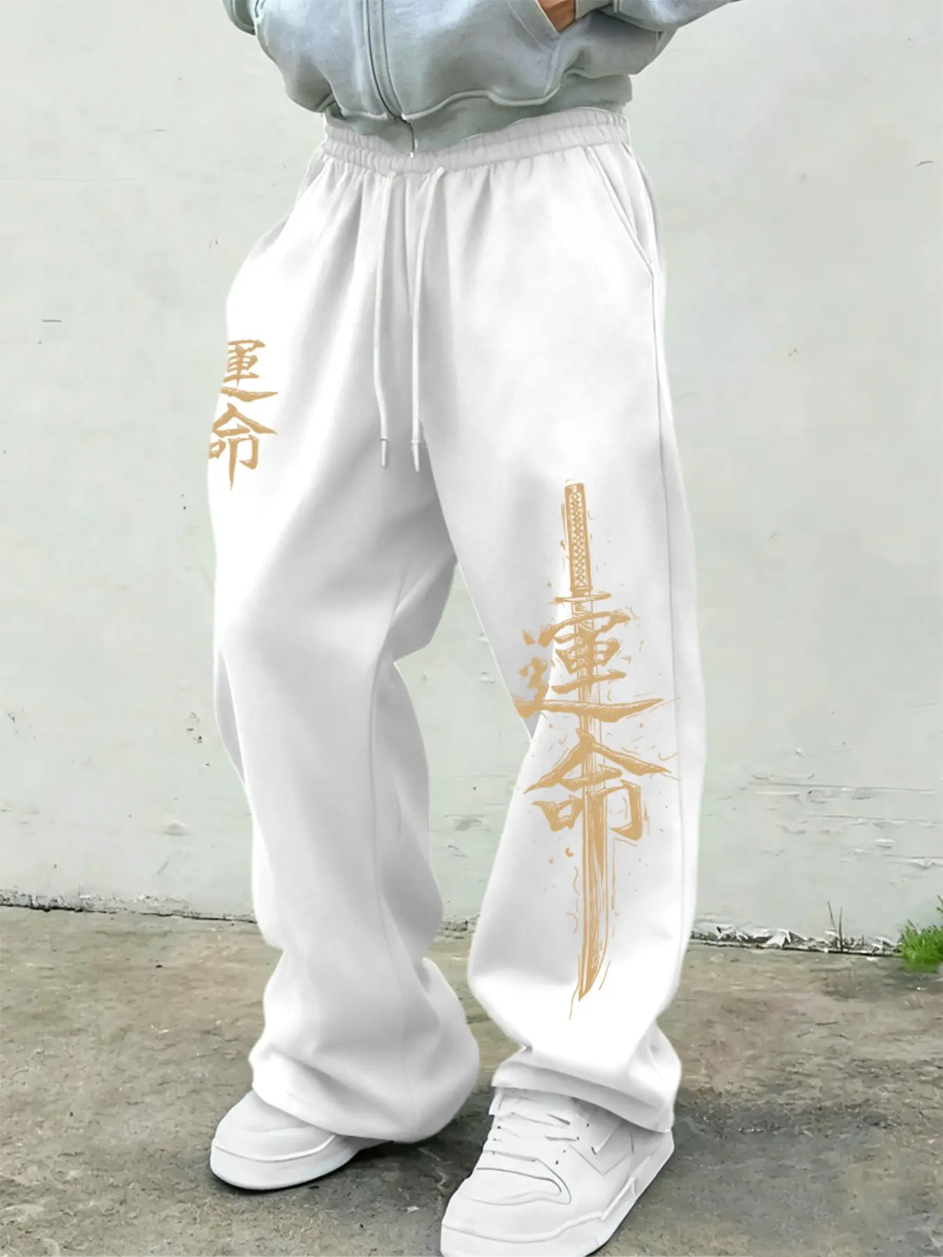 Men's Street Style Loose-Fit Pants, Japanese Sword Print Wide Leg Casual Streetwear Trousers, Casual Sweatpants, Drawstring Waist Long Trousers for All Seasons, Casual Wear Bottoms