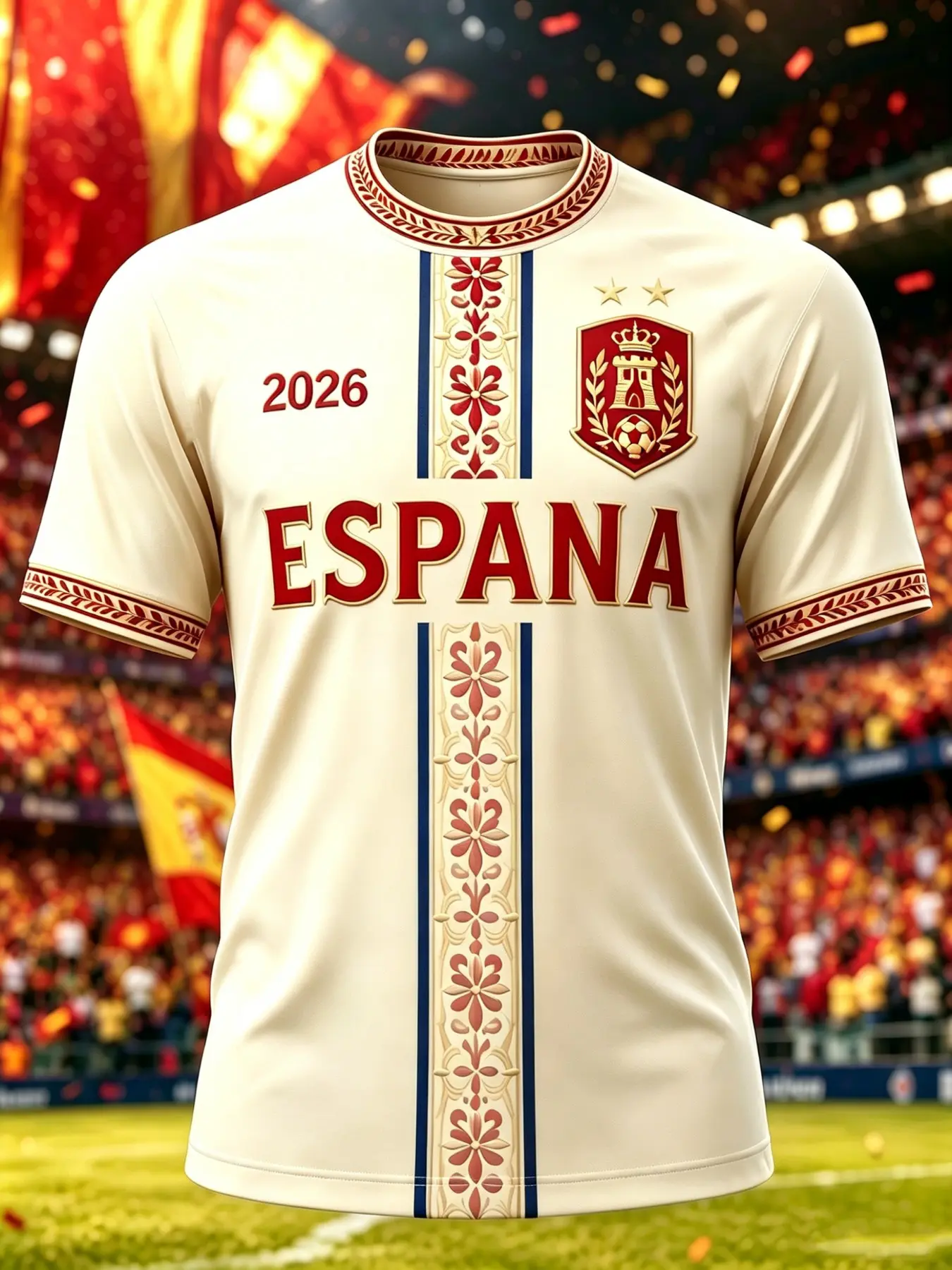 Men's Short Sleeve Soccer Jersey, Base Vertical Floral 3D Print, Espana Letter Spain 2026 Twin Star Print, Casual Round Neck Top