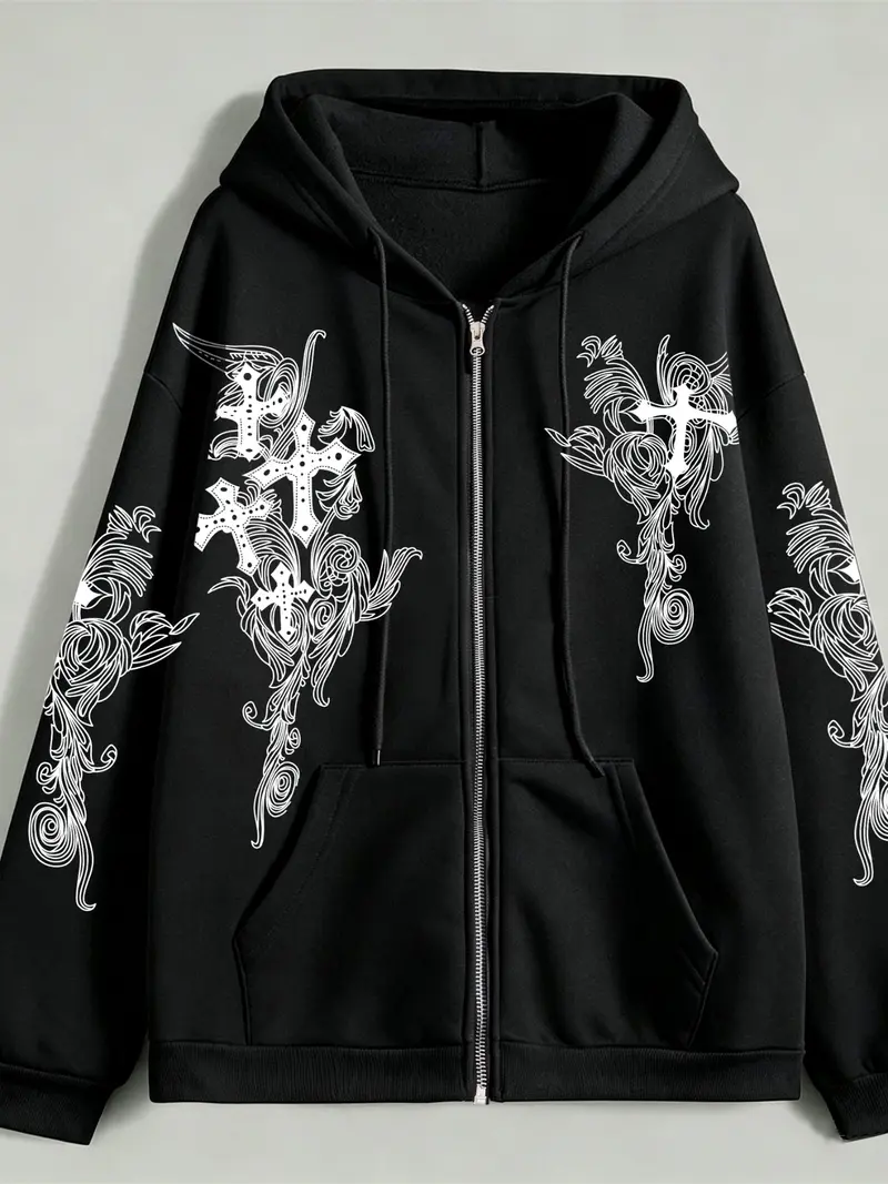black zip up hoodie crosses - TikTok Shop