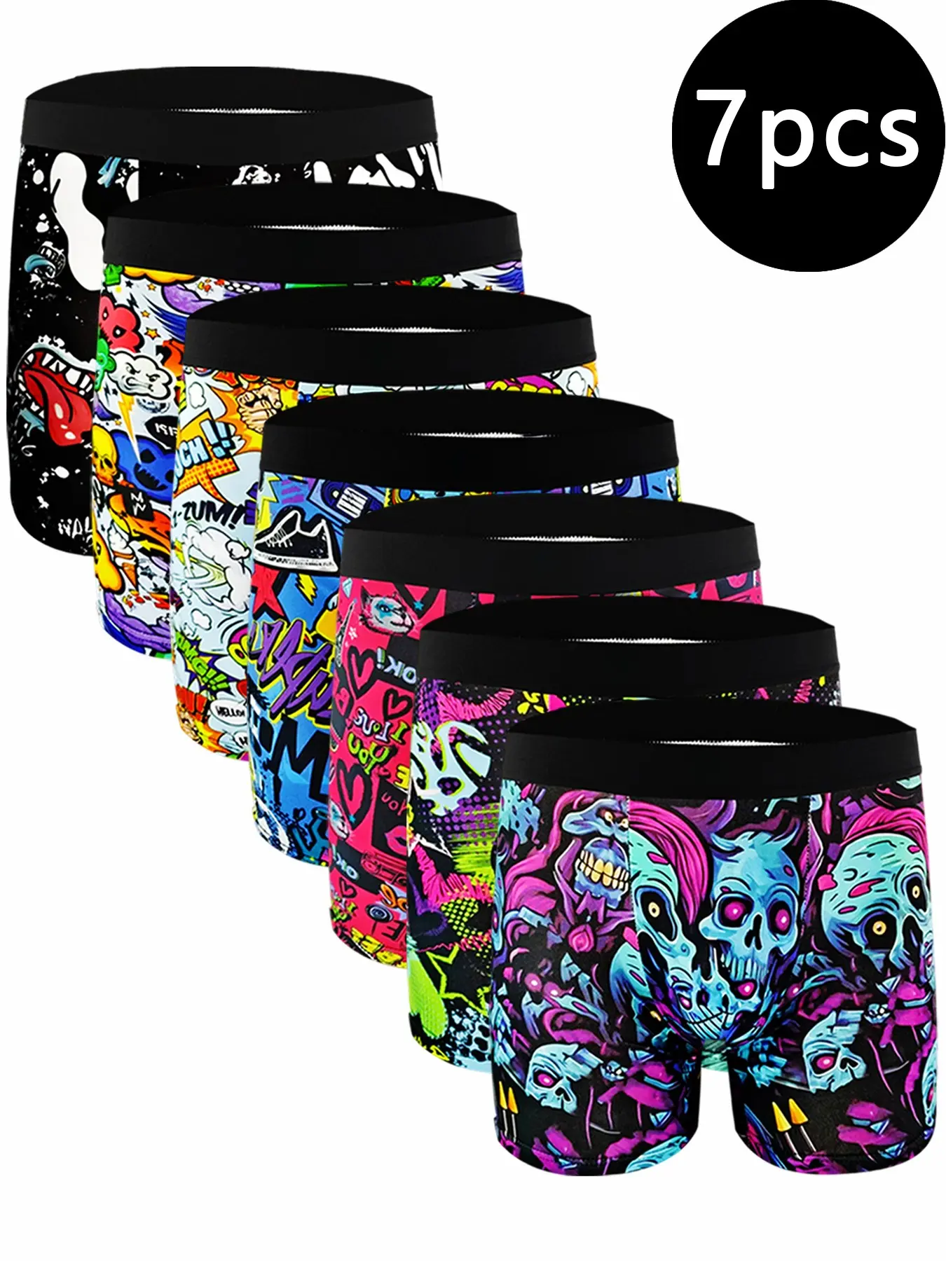 7-Pack Men's Fashion Slim Long Printed Boxer Briefs, Print Boxershorts, Fun Graffiti Print, Soft Comfortable Men Underwear, Ideal for Cycling, Hiking, Running, Fitness & Sports Training, Suitable for All Seasons