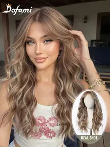 Mechanical Fiber Water Wave Long Wavy Hair Wig Full Headpiece, Warm Highlights Light Gold Mixed Ethnic Hair Color, Eight-Character Bangs Natural Look