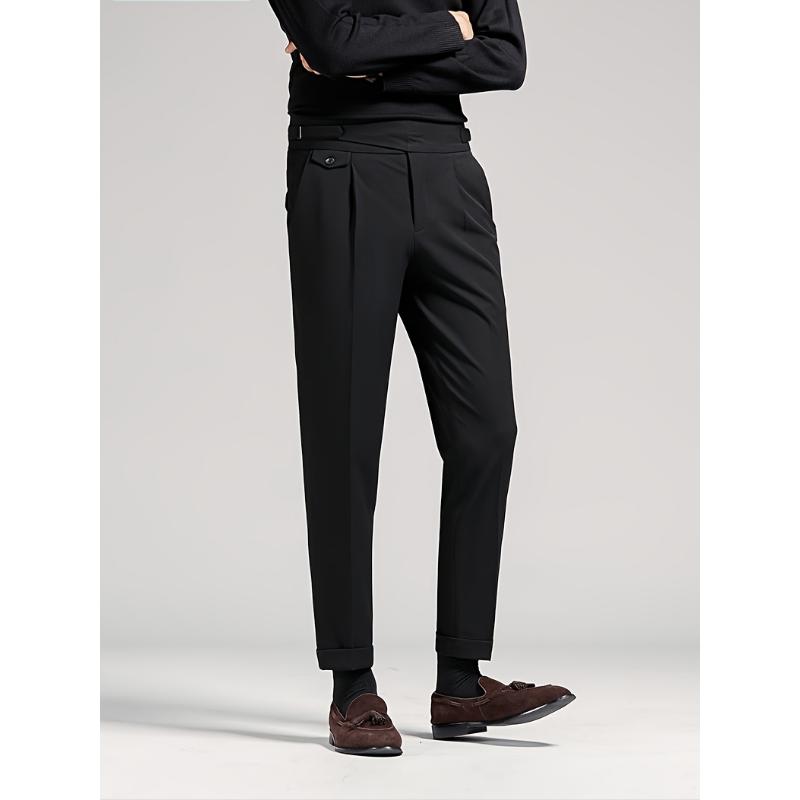 Men's waist less short black pants - mid waist loose fit, hanging fabricBusiness casual pants, suitable for all seasons, made of fashionable men's elastic fiber material. Menswear Spandex