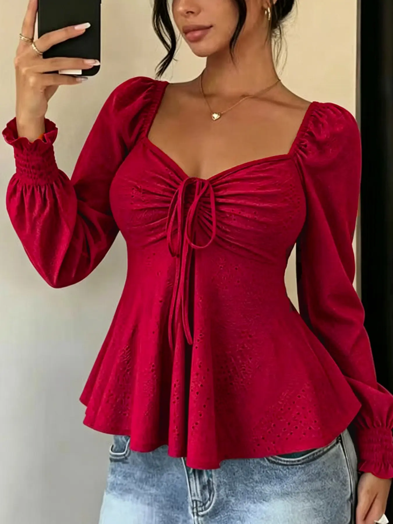 Sweet Solid Color Tie Waist Ruffle Top, Lantern Sleeve Long Sleeve Daily Wear Shirt, Stylish and Versatile Clothing for Everyday Use