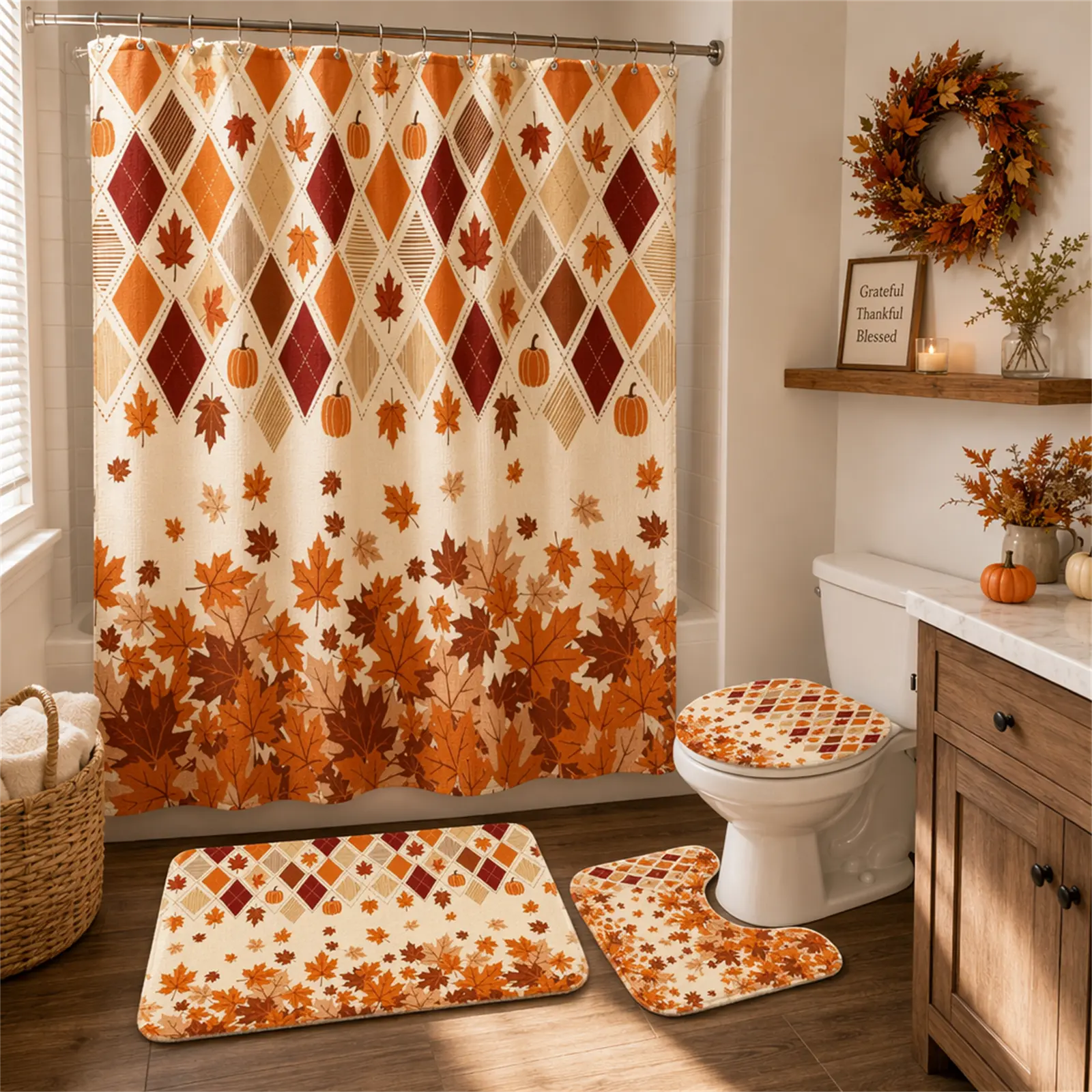 Vintage Farmhouse Fall Bathroom Set 4-in-1, Argyle Diamond Plaid Maple Leaf Pumpkin Shower Curtain Kit, Water Repellent Mildew Resistant Curtain, Absorbent Anti-Slip Mats, Neutral Tone Thanksgiving Home Decor