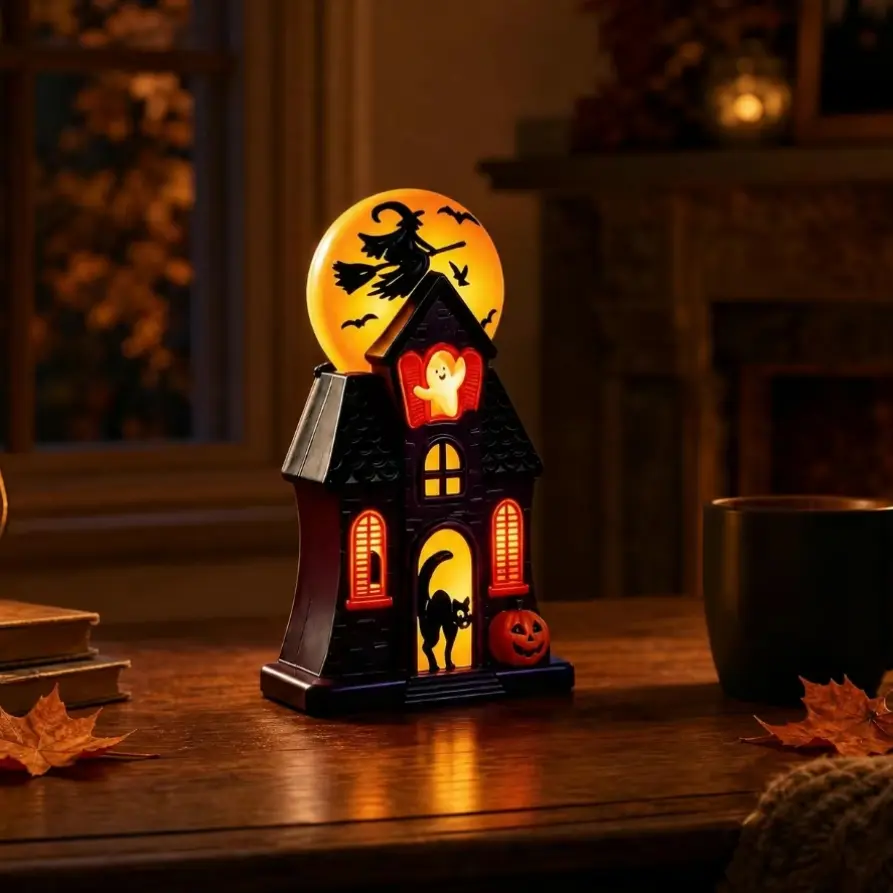 USB Powered Halloween Haunted House Silhouette Lamp, Witch Cat Ghost Pumpkin Decor, Fall Horror Home Desk Ornament, Halloween Party Indoor Decoration, Table Decoration