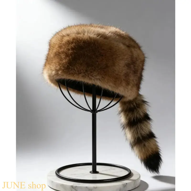Furry Fashion Faux Fur Trapper Hat - Extra Thick, Soft, Windproof Raccoon Stripe Raccoon Tail Design Cold Weather Cap for Men & Women, Fall Outdoor Street Casual Headwear, Furry Hat, Long Tail, Unisex, Warm