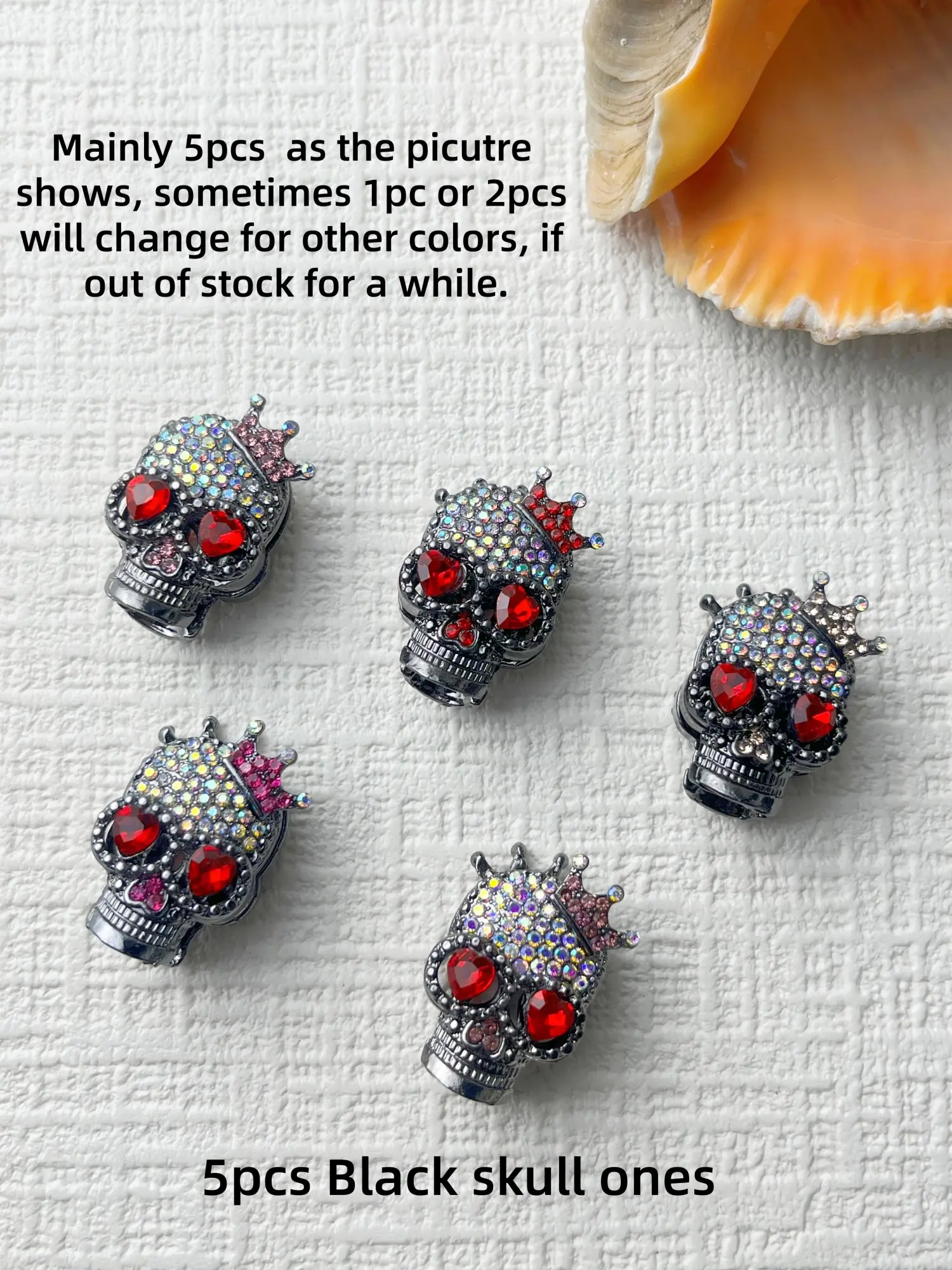 5pcs Alloy Skull Beads with Rhinestones, DIY Jewelry Making Supplies, Creative Stylish Black or Silvery Metal Beads, Colorful faux diamonds, Bead Assortment, Beading Accessories