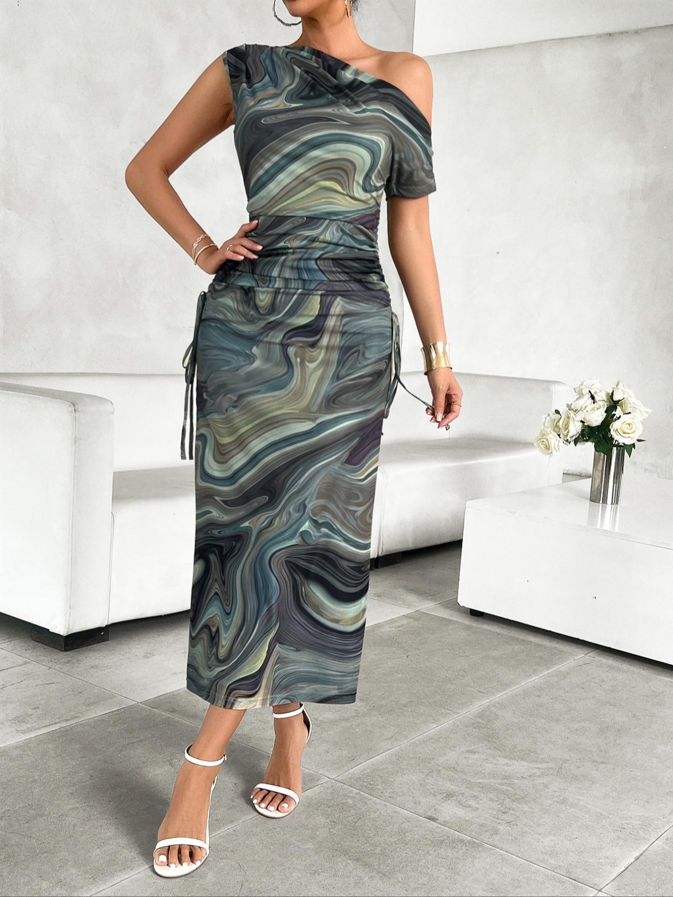 Women's Marble Print Asymmetrical Tie Side Dress, Casual Fashion Dress for Daily Outdoor Wear, Ladies Clothes for All Seasons