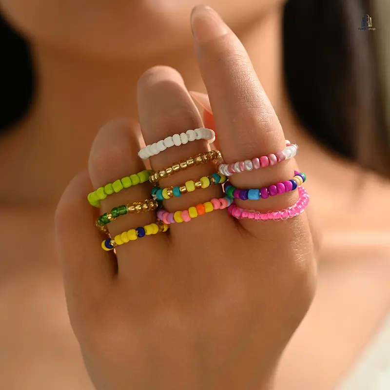 10‑Pcs Women Stackable Beaded Ring Set, Colorful Glass Bead Stretch Rope Rings, Boho‑Chic Mixed‑Color Midi Rings, Trendy Teen‑Style Jewelry for Summer Beach Vacation  >