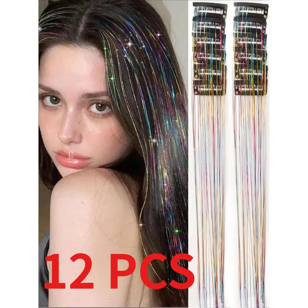 12-Piece Clip-in Hair Extension Set — Straight Hairpieces with Laser Gold & Rainbow Strands (Synthetic)