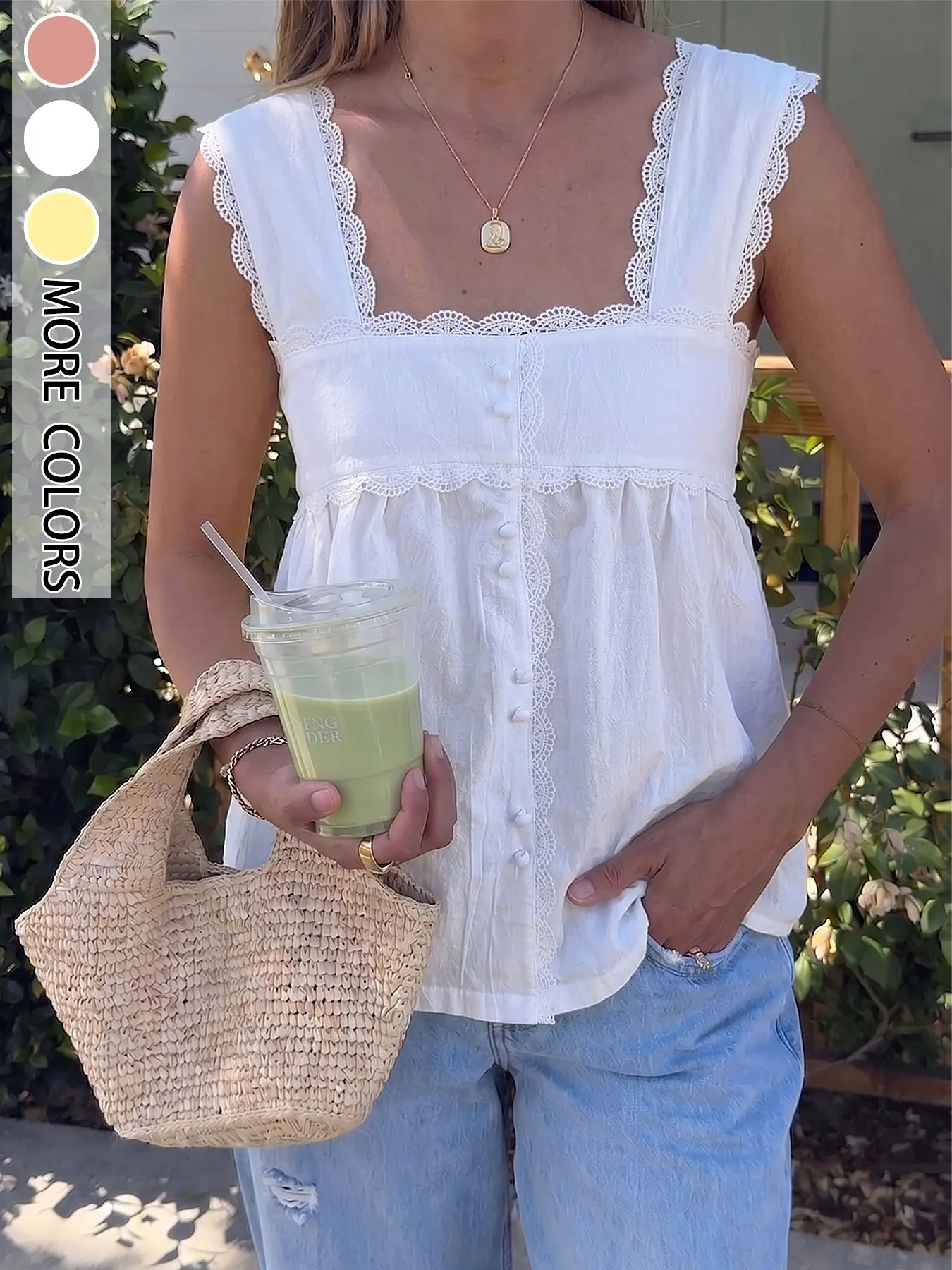 Women's French Sweet Lace Trim Square Neck Sleeveless Top, Button Front Babydoll Shirt, Casual Fashion Camisole for Daily Wear