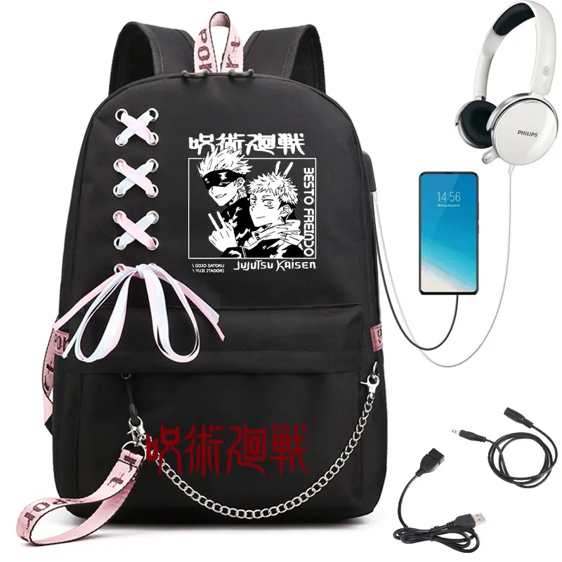 Jujutsu Kaisen Student Backpack, Anime Graphic Oxford Cloth Bag, Chain Decor School Backpack, Large Storage Travel Bag for Teens