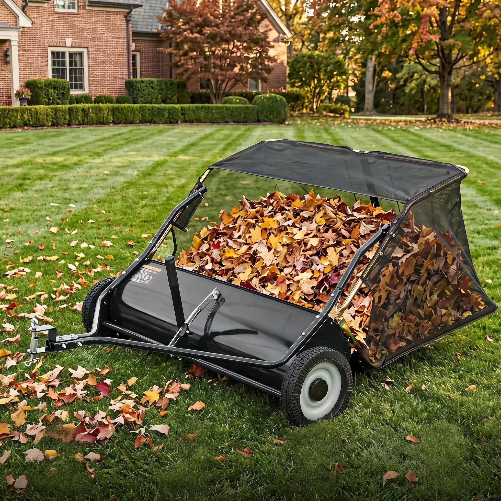 42" Tow Behind Lawn Sweeper, 14 cu. ft. Heavy Duty Leaf & Grass Collector with Tool-Free Adjustable Brush Height, Dumping Rope