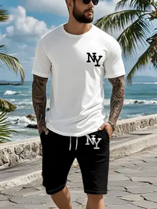 Two-piece set with minimalist 3D digitally printed three-dimensional American street sportswear letters on a solid black base, 2Pcs, trendy fashion suit, trendy retro casual two-piece outfit, stylish vacation wear, breathable sporty casual style, an ideal