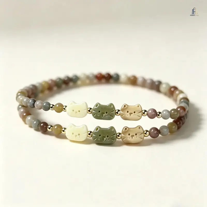 Women Cute Cat Beaded Charm Bracelet, Handmade Aesthetic Glass Bead Stackable Wrist Jewelry, Trendy Kitty Ornament, Fashion Accessory for Daily Outfit, Ideal Gift for Teen Girls & Ladies
