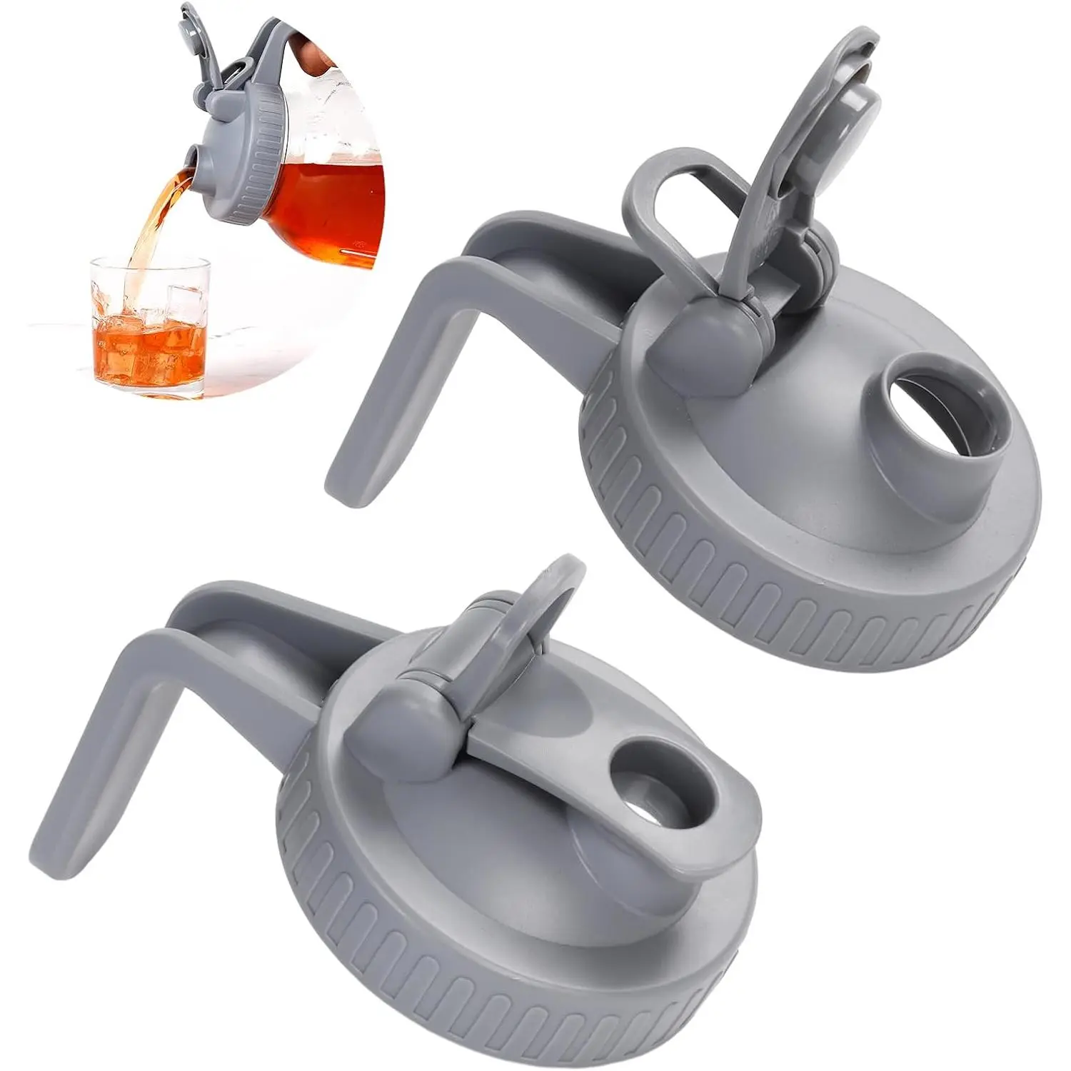 Wide Mouth Mason Jar Pour Spout Lid - 2 Pack Grey Airtight Pour Spout Lid with Handle, Turns your Mason Jar into Pitcher,  & Durable Flip Cap  Easy to Clean Fit for Canning Jars