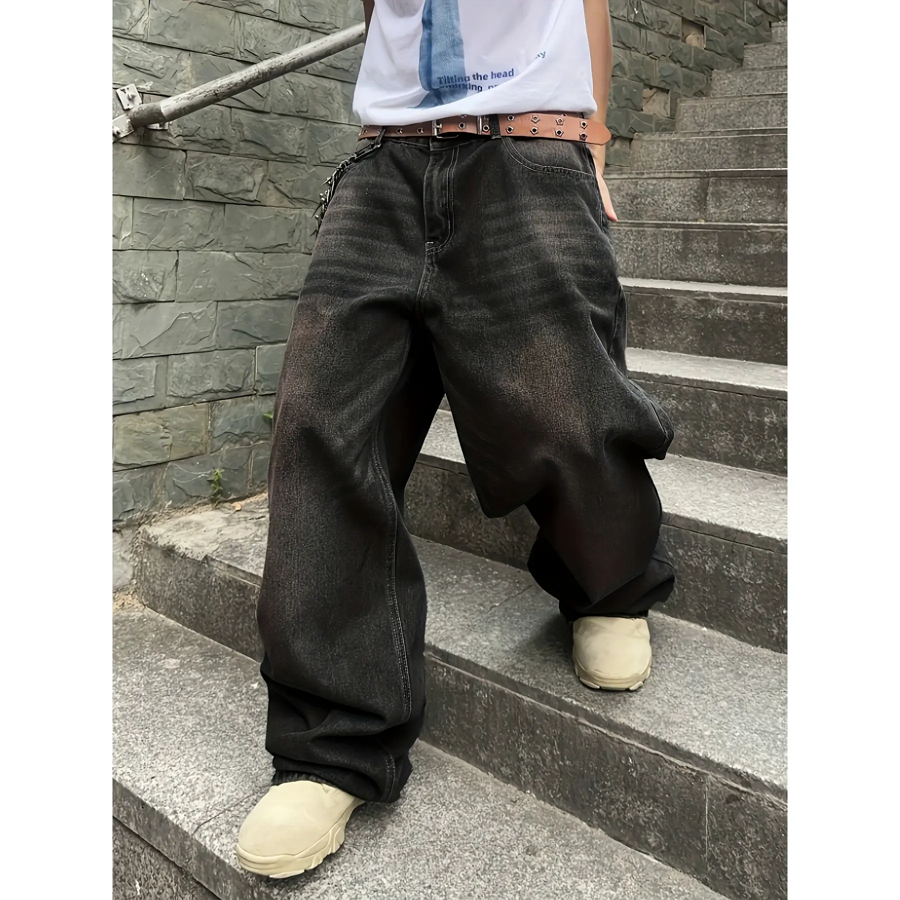 Wide Leg Jeans Spring To SummerVintage Baggy Jeans Casual FallLoose Fit Denim Pants with Pockets,baggy jeans men,Relaxed Fit Men's Plaid Sweatpants,max reem pants,men s baggy pants summerwins Black Oversized Streetwear Brown