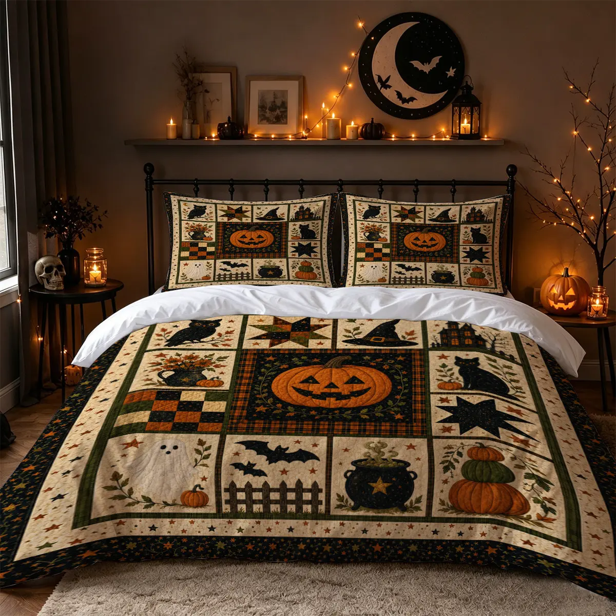 3Pcs Vintage Jack O Lantern Black Cat Ghost Witch Cauldron Patchwork Print Duvet Cover Set, Farmhouse Plaid Halloween Bedding with 1 Duvet Cover and 2 Pillowcases, No Comforter, Fall Bedroom Decor for Adults, Apartments, Dorms and Guest Rooms