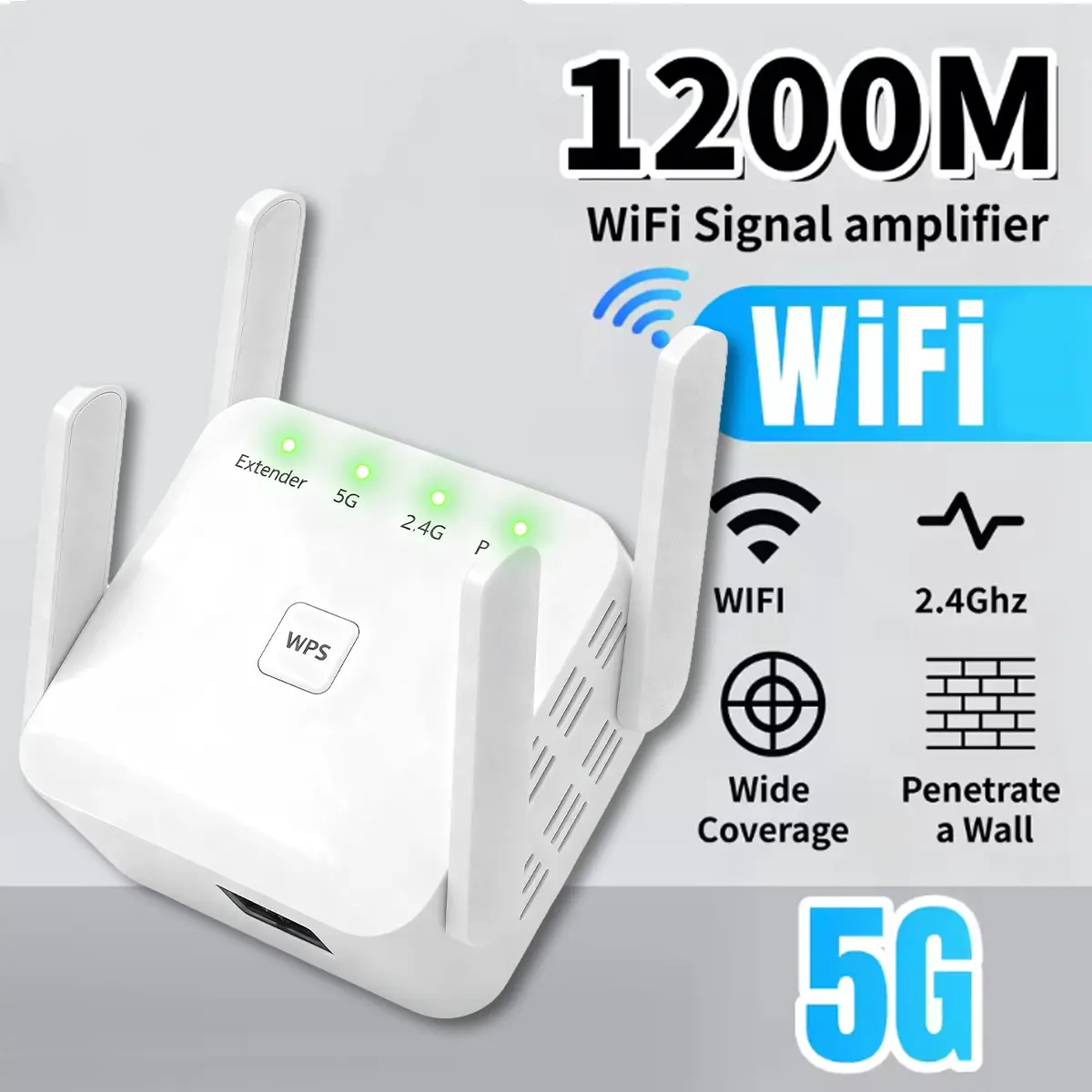 WiFi Extender 1200Mbps Dual Band with 4 High-Gain Antennas, Ethernet Port for PC, TV, Gaming Console, Whole Home Coverage, Supports Up to 100 Devices, Ideal for Home, Apartment & Office
