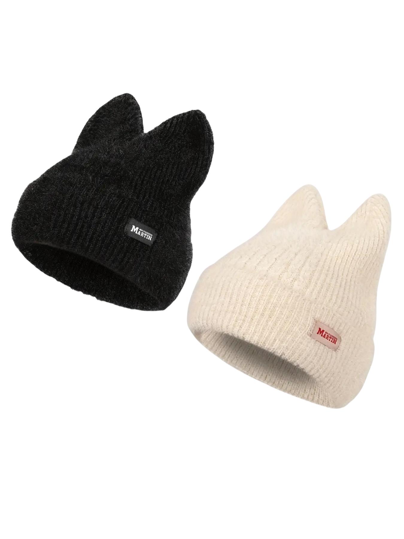 Cute Cat Ear Design Beanie Hat, Casual Solid-Color Knit Hat for Fall and Winter, Warm Pull-On Stretchy Knit Cap for Outdoor Activities