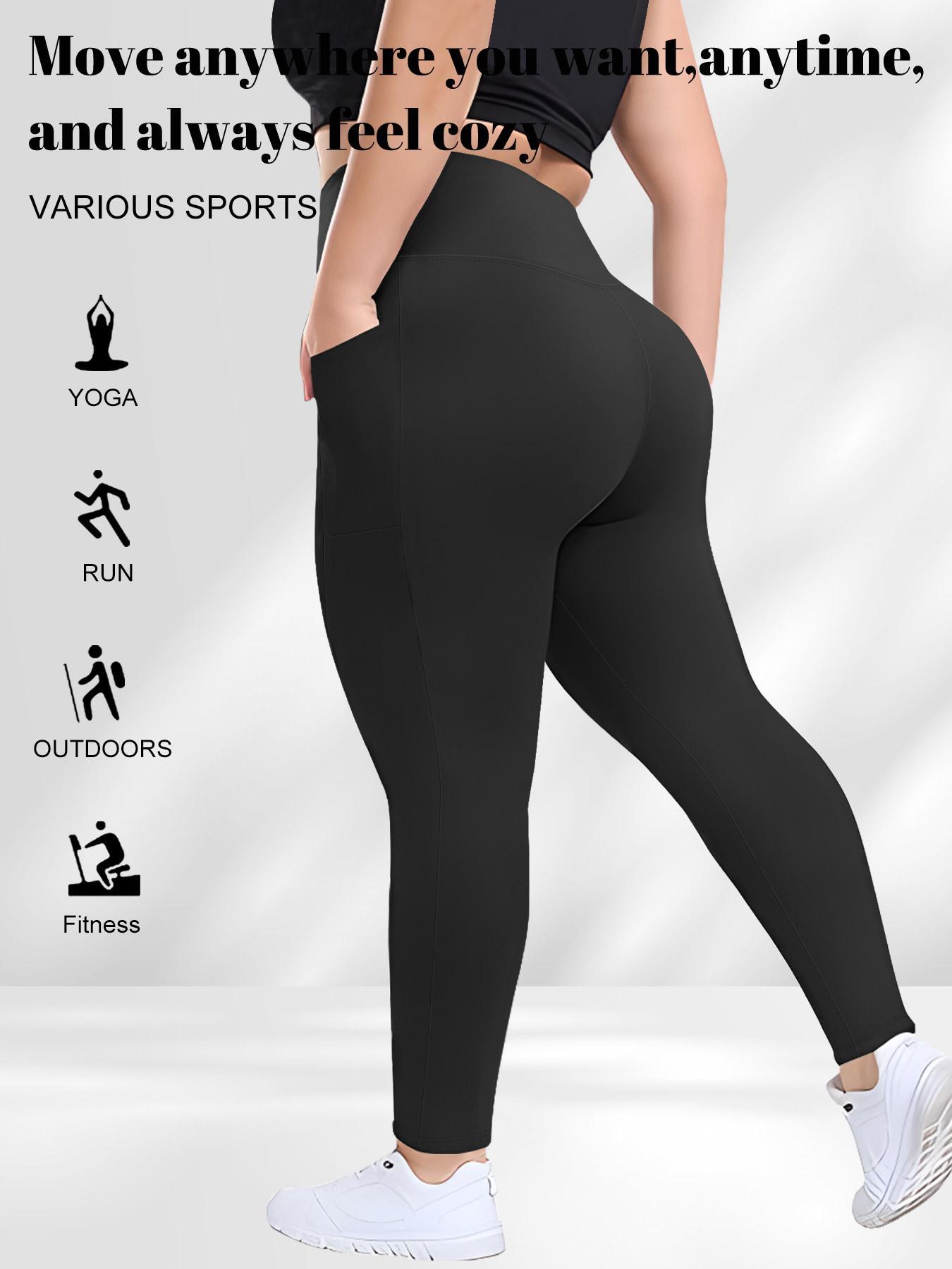 Plus Size Solid High Waist Sports Comfy Gym Workout Leggings with Pocket, Summer Outfits, Casual High Stretch Skinny Pants for Women, Soft Comfortable Women's Bottoms for All Seasons, Stretchy Workout Leggings