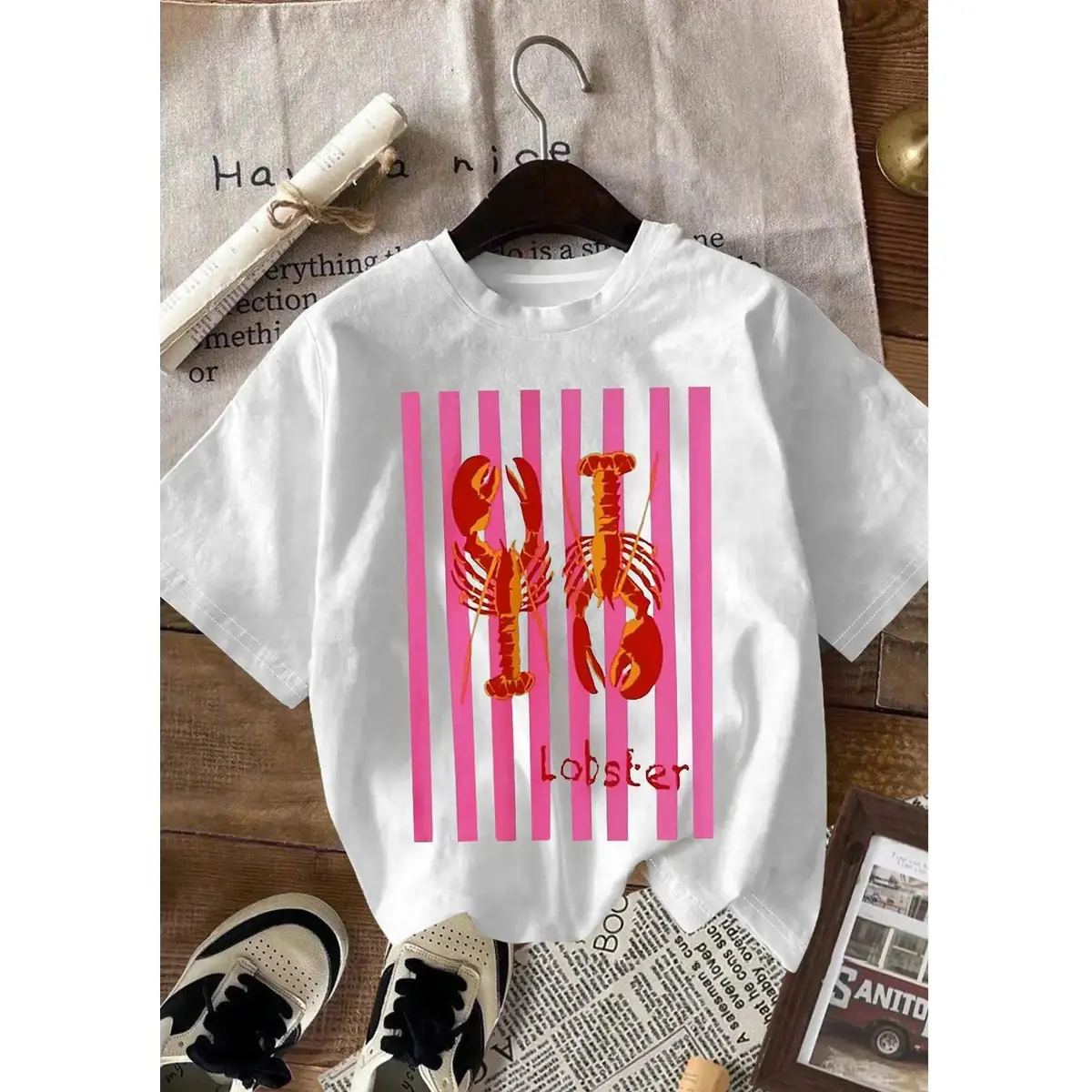 Lady's Fitted Customized Lobster Graphic Tee - High-Quality Print, Round Neck, Short Sleeve, Casual Sports Top for Daily Wear, Anniversary-Ready All-Season Women's Clothing, T Shirts