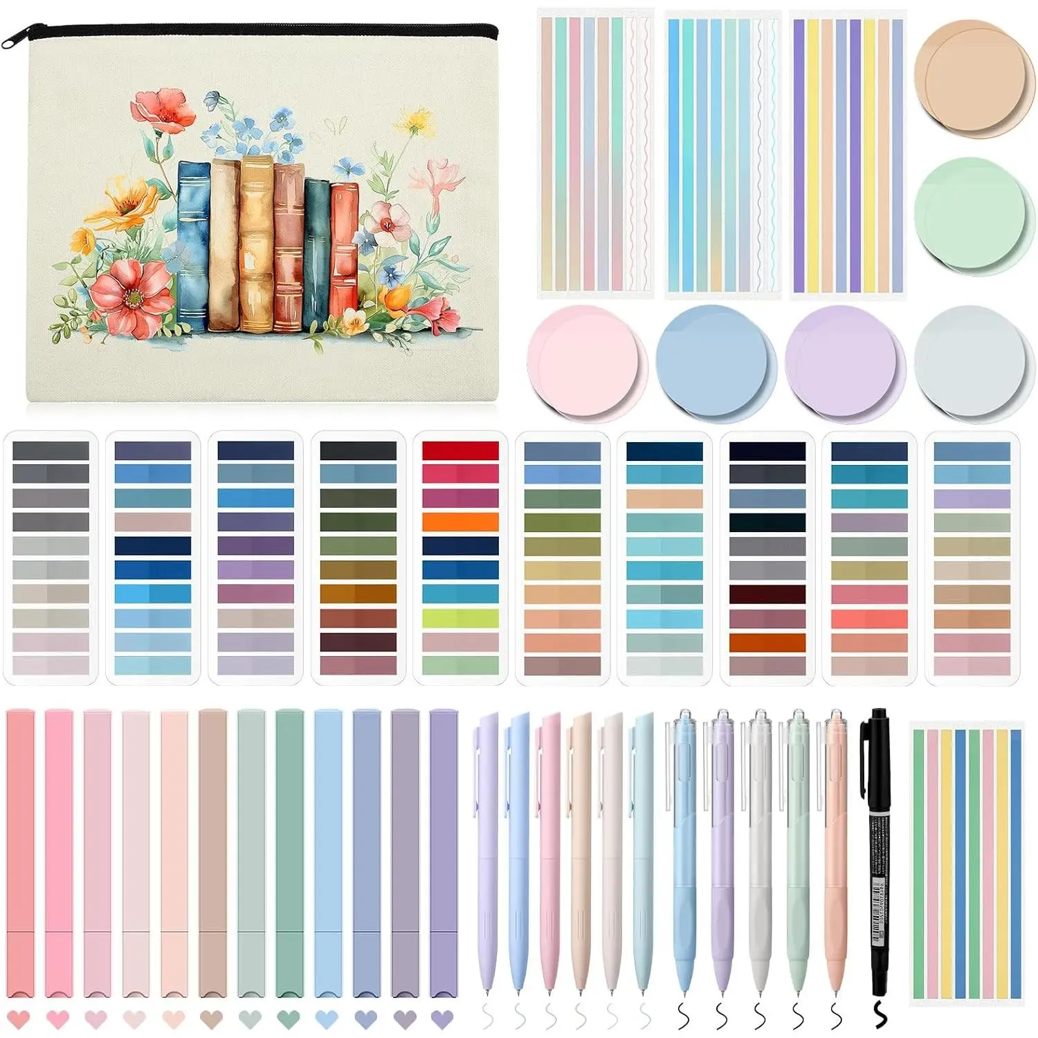 Book Annotation & Study Journaling Kit - Sturdy Plastic Pencil Case, 12 Pastel Highlighters for Highlighting, 11 Gel Pens, 2640 Count Round Sticky Tabs for Students & Book Lovers (Office Stationery)