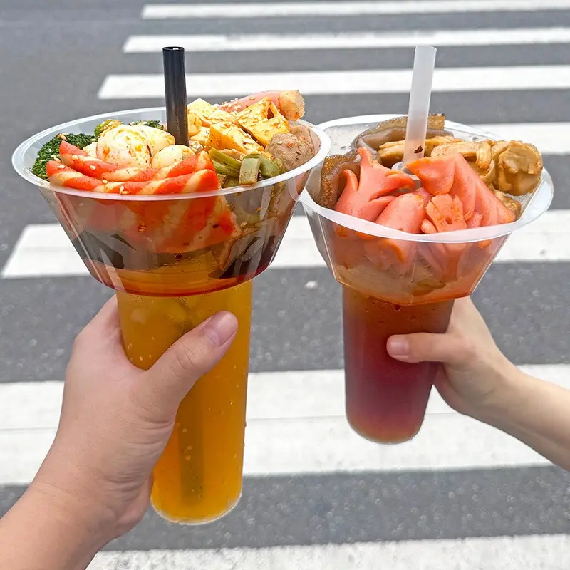 Snack Drink Cups Set, 5/10 Clear Disposable Plastic Cups with Snack Bowls, Includes 5/10 Cups, 5/10 Bowls, 5/10 Straws, Perfect for Parties, Stadiums, Movie Nights