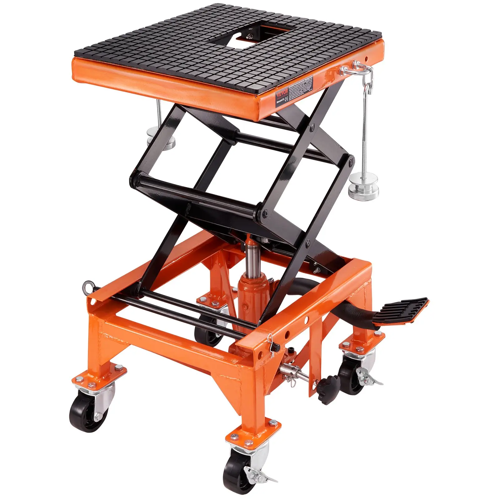 VEVOR Hydraulic Motorcycle Lift Table, 350lb Capacity Hydraulic Lift Table with Wide Deck, J-Hooks, 4 Wheels, Foot-Operated Scissor Jack Stand for ATV, Dirt Bikes