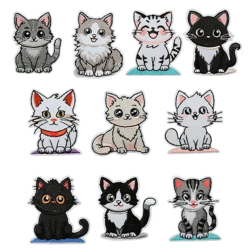 10 Pcs Cute Cat Embroidery Iron-On Patch, Cartoon Cat Sewing Patch, Suitable for Jackets, Backpacks, Jeans, Hats, DIY Crafts