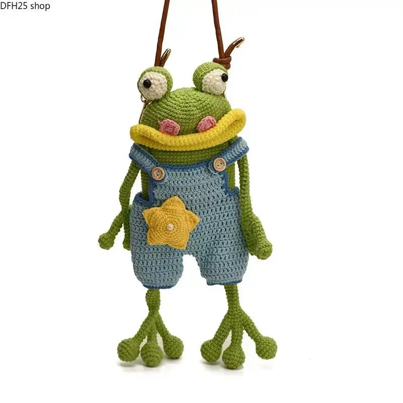 Hand Crocheted Frog Crossbody Bag for Kids and Toddlers, Knit Shoulder Purse with Leather Strap, Lightweight Animal Theme Carry Bag