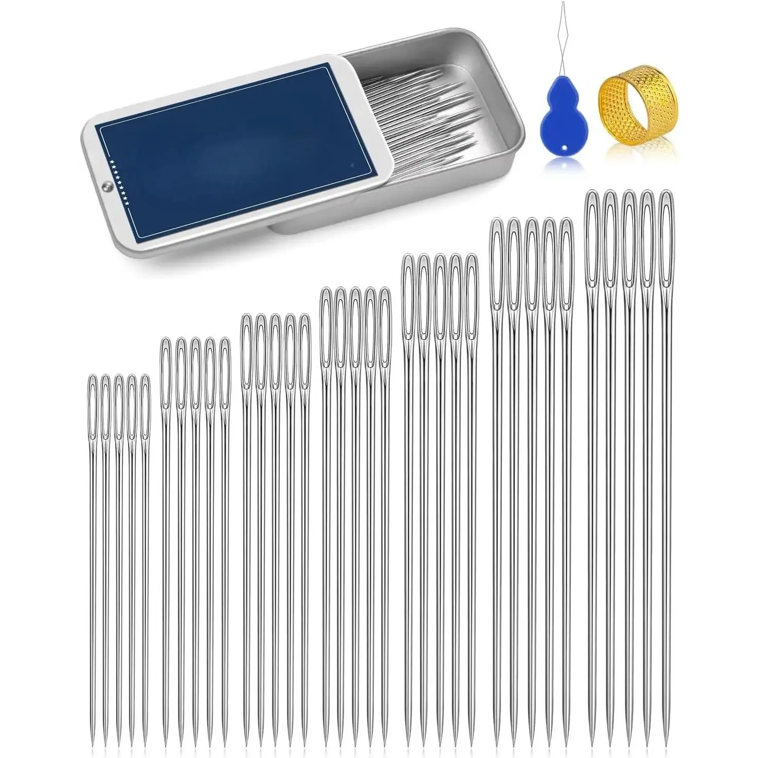 35Pcs Large Eye Sewing Needles, 7 Sizes Stainless Steel Needles for Hand Sewing, Leather, Embroidery, Repair, Quilting- Easy Threading with Threader, Thimble for Crafters, Seniors, Travelers