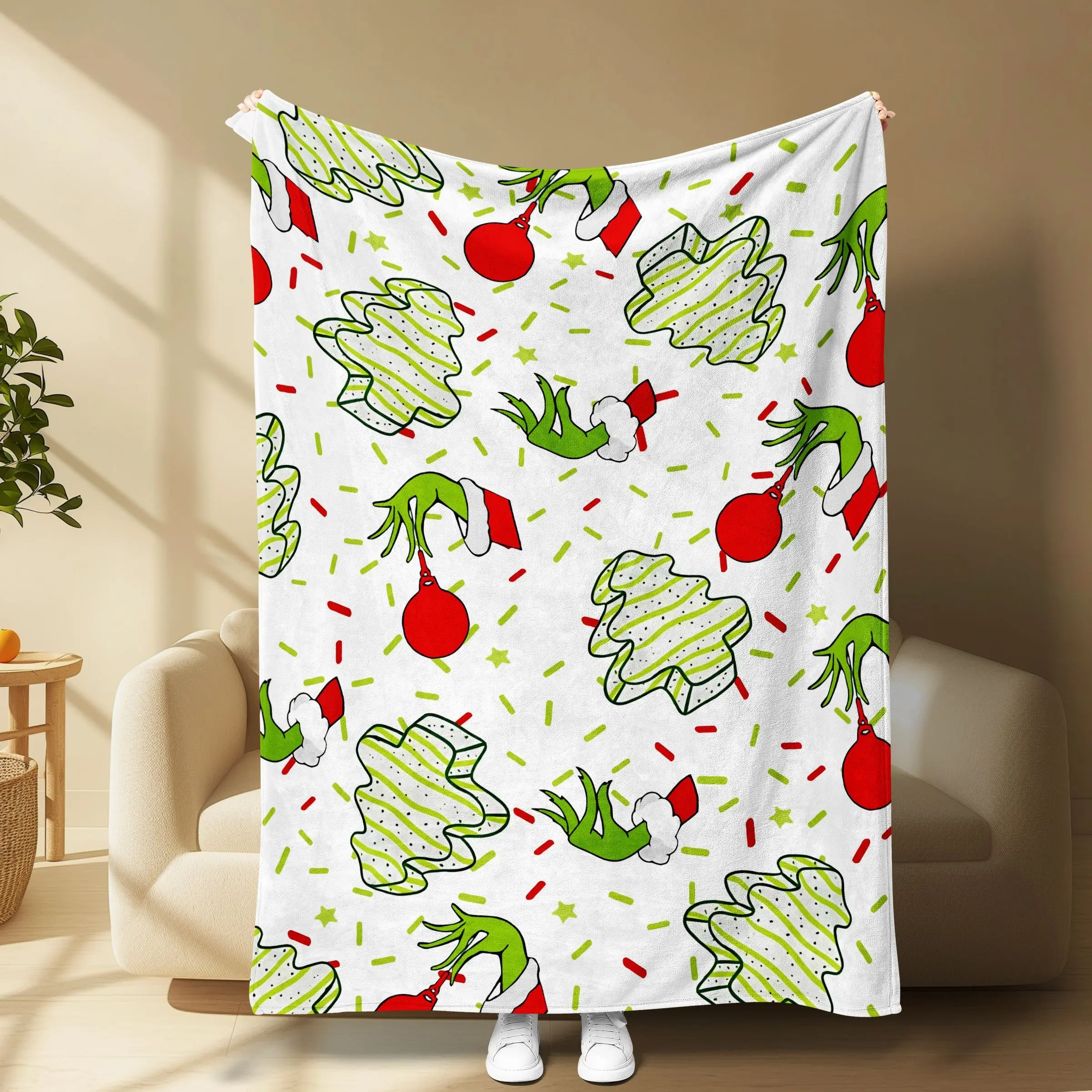 Grinch Christmas Flannel Blanket, Grinch Hands Ornament, Soft Lightweight Cozy Throw, Holiday Gift for Sofa and Bedroom