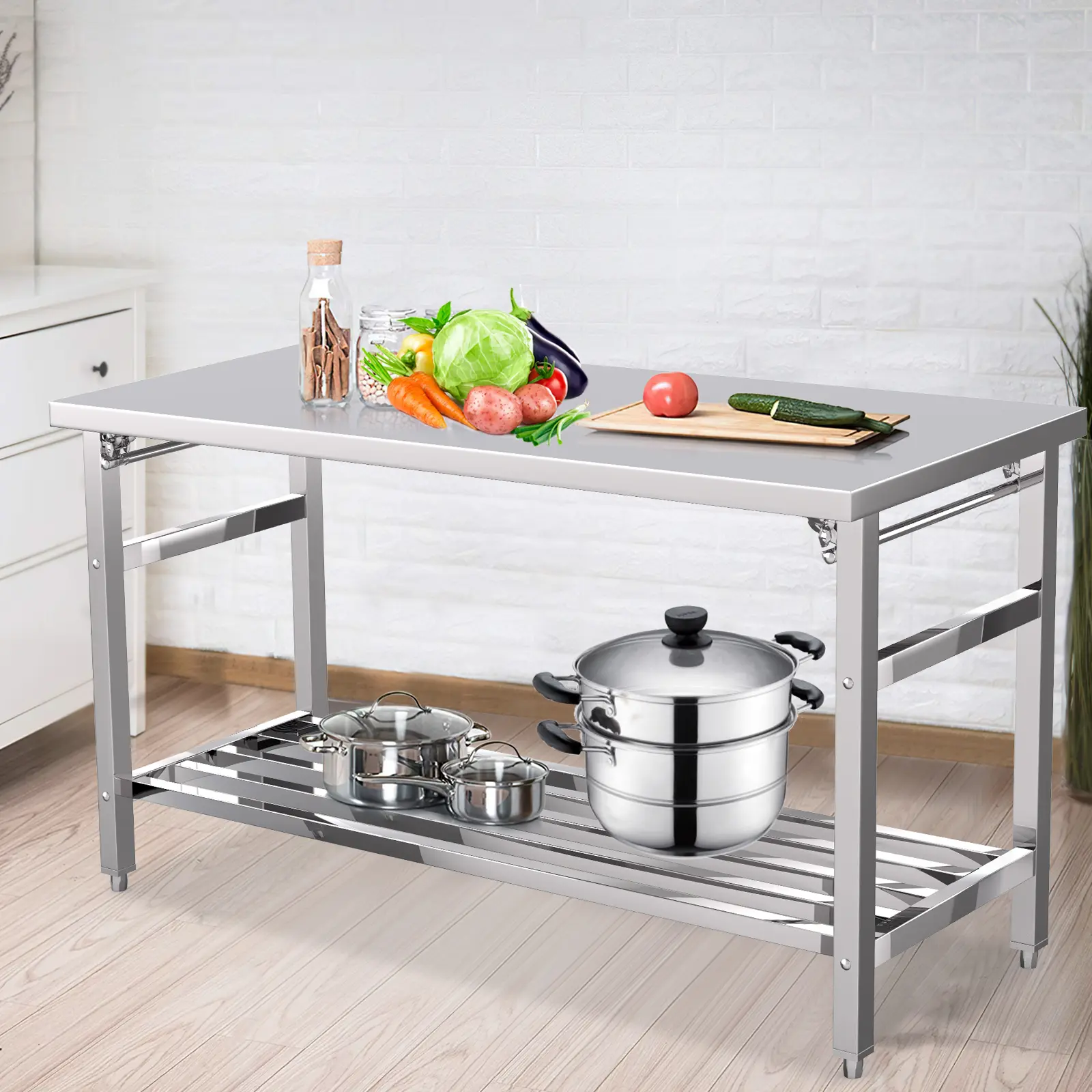 60" X 24" Stainless Steel Folding Table, NSF Commercial Work Table, Heavy Duty Prep Table with Adjustable Undershelf for Restaurant, Kitchen, Food Service, Space-Saving, No Installation Required