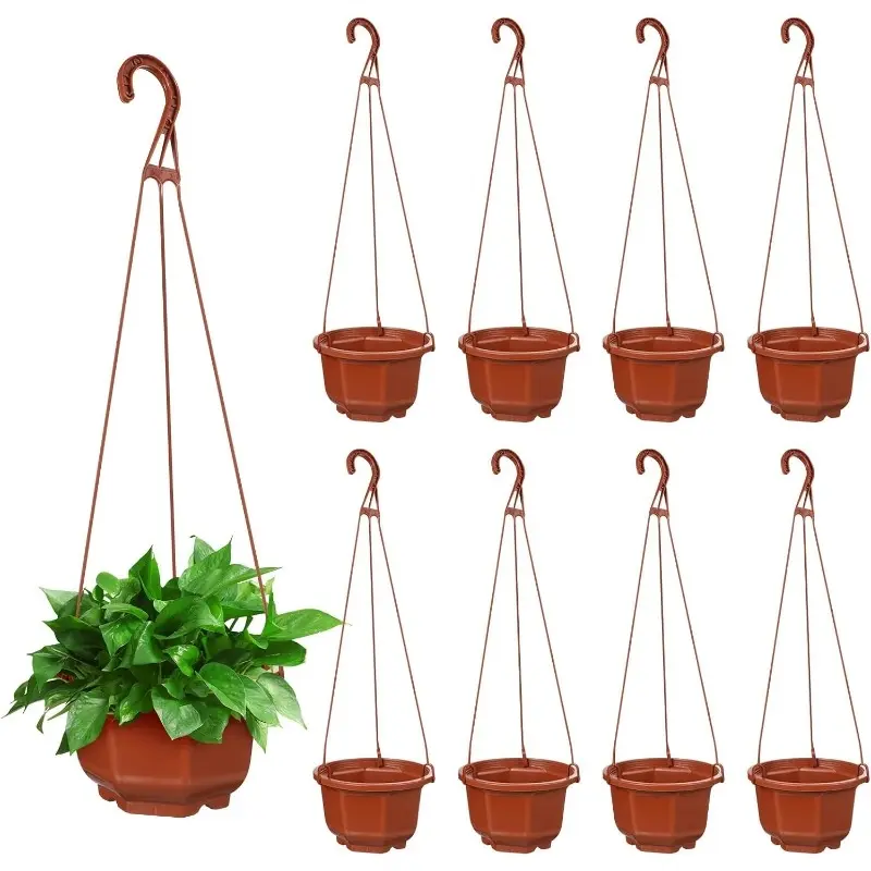 16 small hanging flowerpots (8 trays and 8 chains) plastic flowerpots, with drainage trays and chain fixers, hanging flowerpots, suitable for succulent plants and long-haired Parthenocissus, and indoor and outdoor balcony gardens.