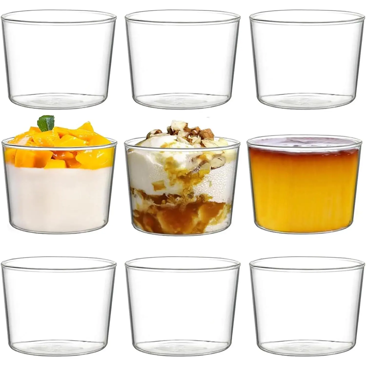 9 Pack Small Glass Dessert Bowls, 8 Oz Custard Cup Clear Pudding Cup, Tasting Glasses Prep Bowls for Parfait, Ice Cream, Party Birthday