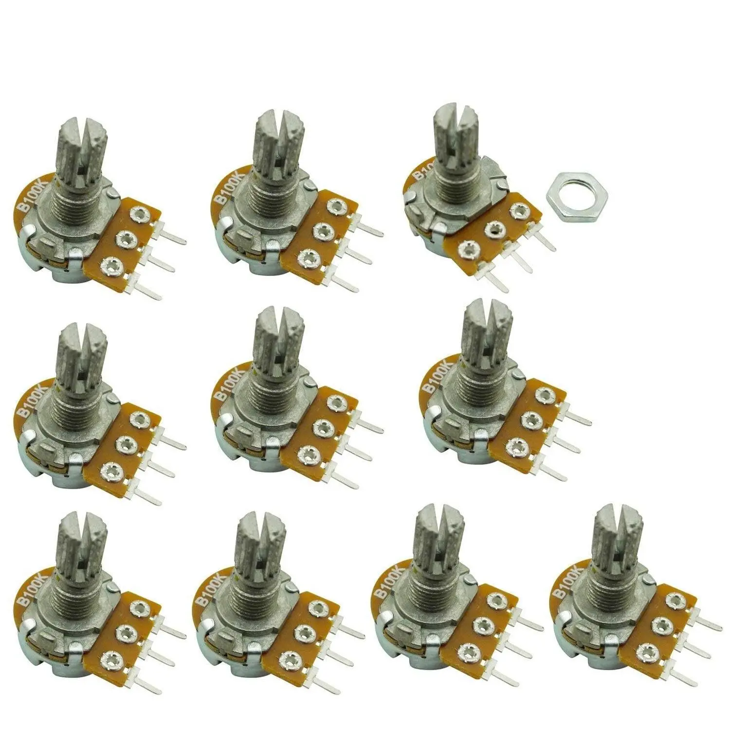 10PCS Bulk Pack Linear Type B100K 100K Ohm Rotary Taper Potentiometers with 15mm Adjustment Shaft