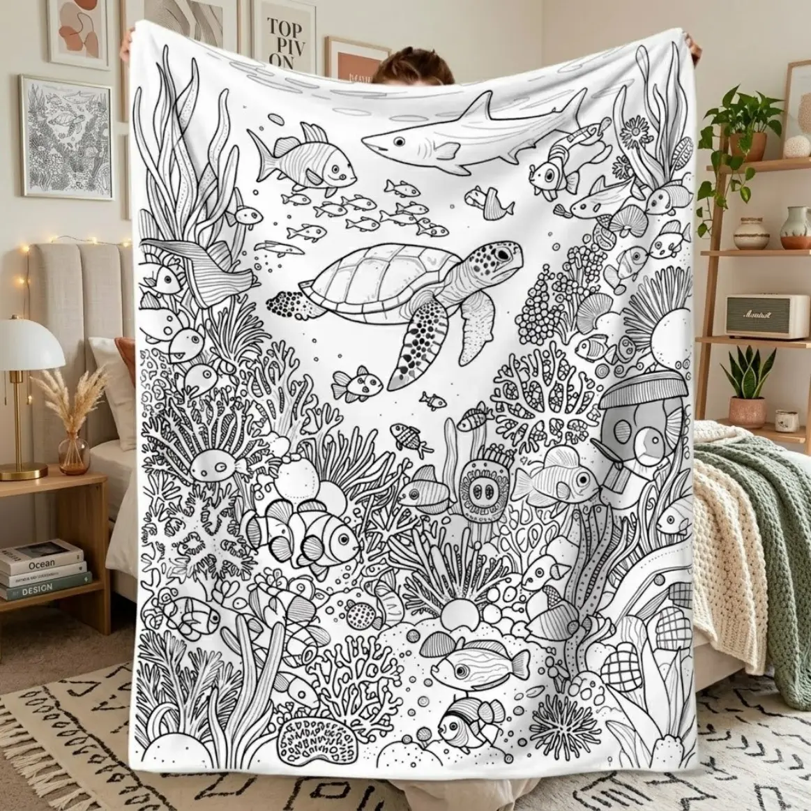 Ocean-Themed Coloring Blanket For Adults And Kids – Soft Flannel Bedspread With Sea Creatures Line Art, English Labels, Travel Throw, Home, Office, Camping Gift, Relaxing Sea Patterns For All Seasons