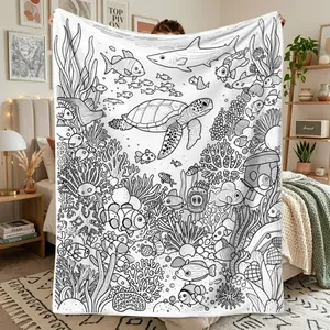 Ocean-Themed Coloring Blanket For Adults And Kids – Soft Flannel Bedspread With Sea Creatures Line Art, English Labels, Travel Throw, Home, Office, Camping Gift, Relaxing Sea Patterns For All Seasons
