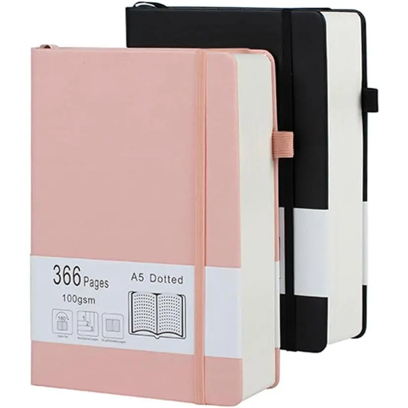 Thick  Dotted Journal 2 Pack with 366 Numbered Pages, A5 Journal with 100GSM Dot Grid Paper, Hardcover Leather Notebooks for Women Men School Note Taking Office Work Diary, 5.7"x8.3" Black