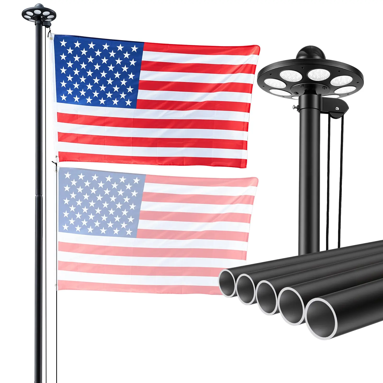 【DealsForYouDays】VEVOR 20ft Heavy-Duty Sectional Aluminum Flag Pole Kit, In-Ground Outdoor Flagpole with 136 LED Solar Light, 3x5 American Flag for Residential Yard, Black