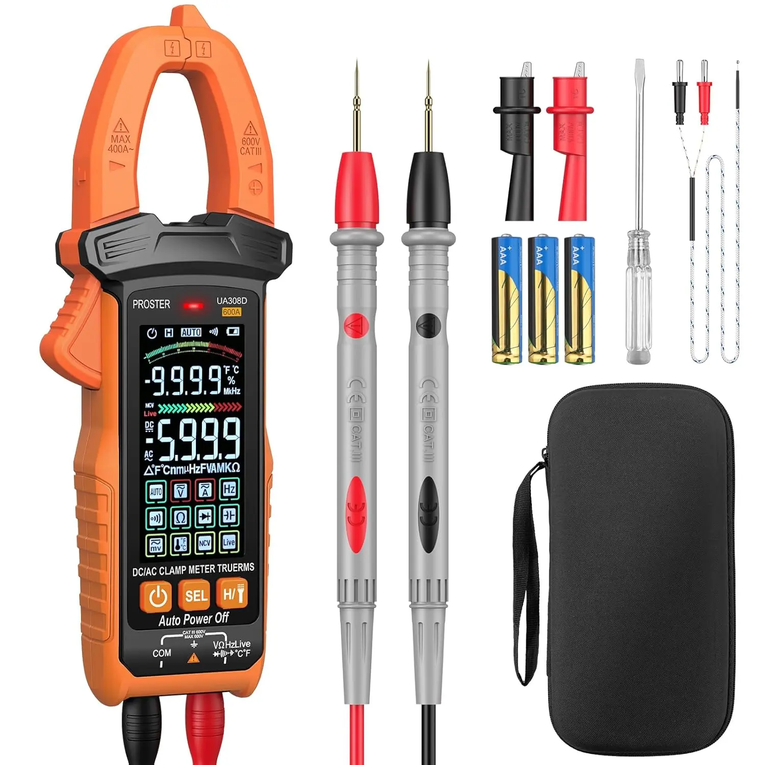 Proster Digital Clamp Meter - 600A DC AC Current 600V AC DC Voltage NCV Continuity Capacitance Resistance Frequency Diode Hz Test
