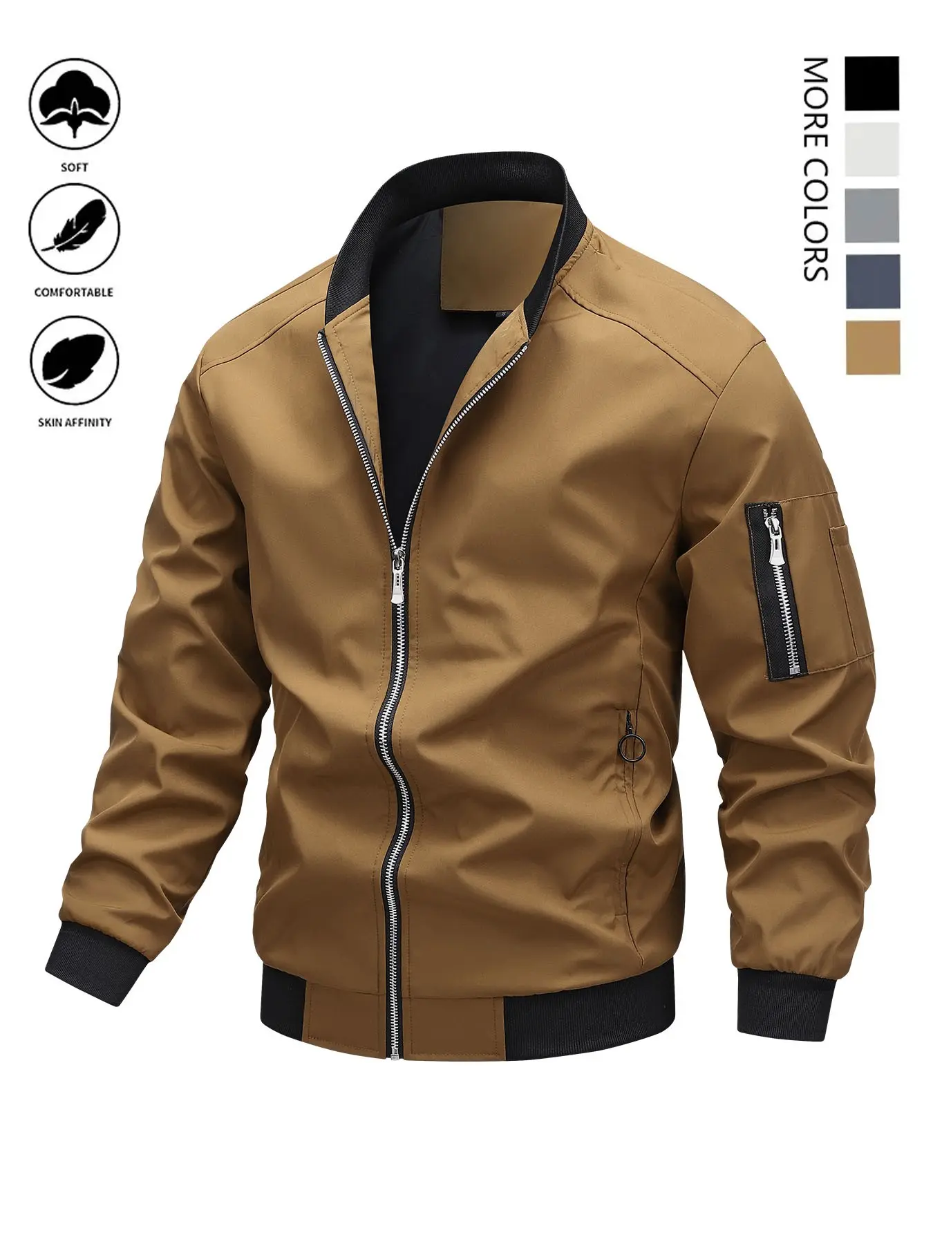 Men's Casual Stand Collar Long Sleeve Jacket Coat with Zipper and Pockets, Stylish Outerwear for Everyday Wear, Comfortable and Trendy Men's Clothing, Menswear