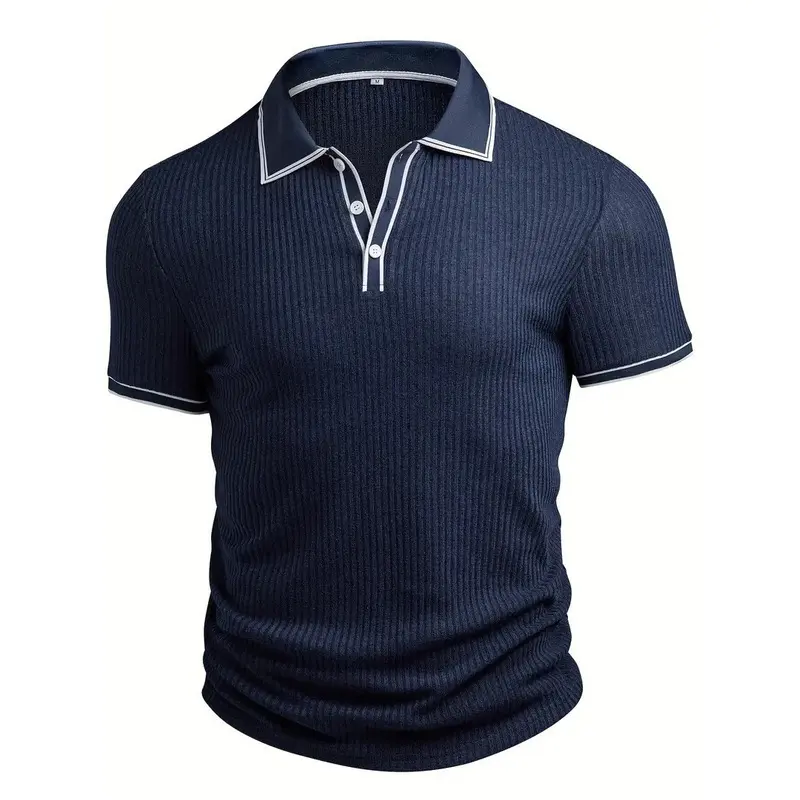 Men's Polo Shirt, Color Block Striped Short Sleeve Summer Top with Lapel Collar, Stretch Polyester Spandex Fabric, Menswear, Tops, Shortsleeve, Button Front, Machine Wash, Casual, Clothes, Multi-Function, Stripe Polo Shirts, Poly-Spandex, Stripe Block
